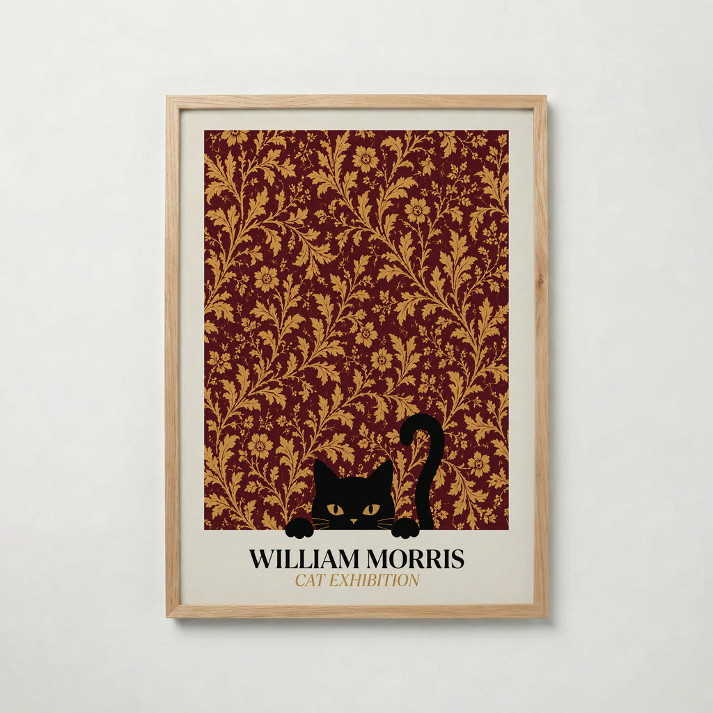 Cat in the Acanthus William Morris Poster – svart katt gömd bland William Morris akantusblad i burgundy och guld