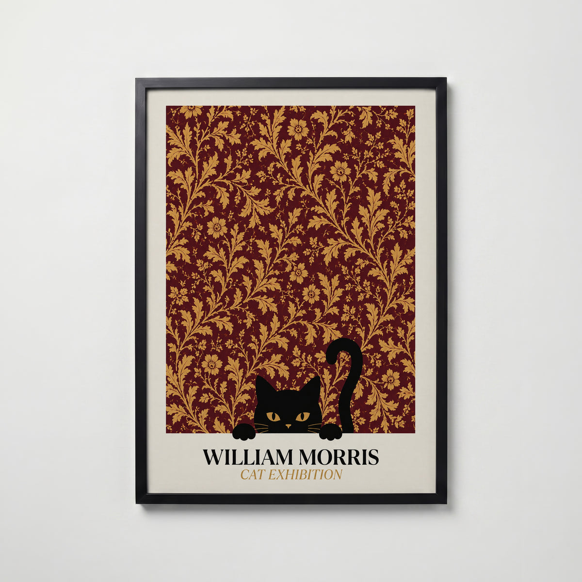 Cat in the Acanthus William Morris Poster – svart katt gömd bland William Morris akantusblad i burgundy och guld