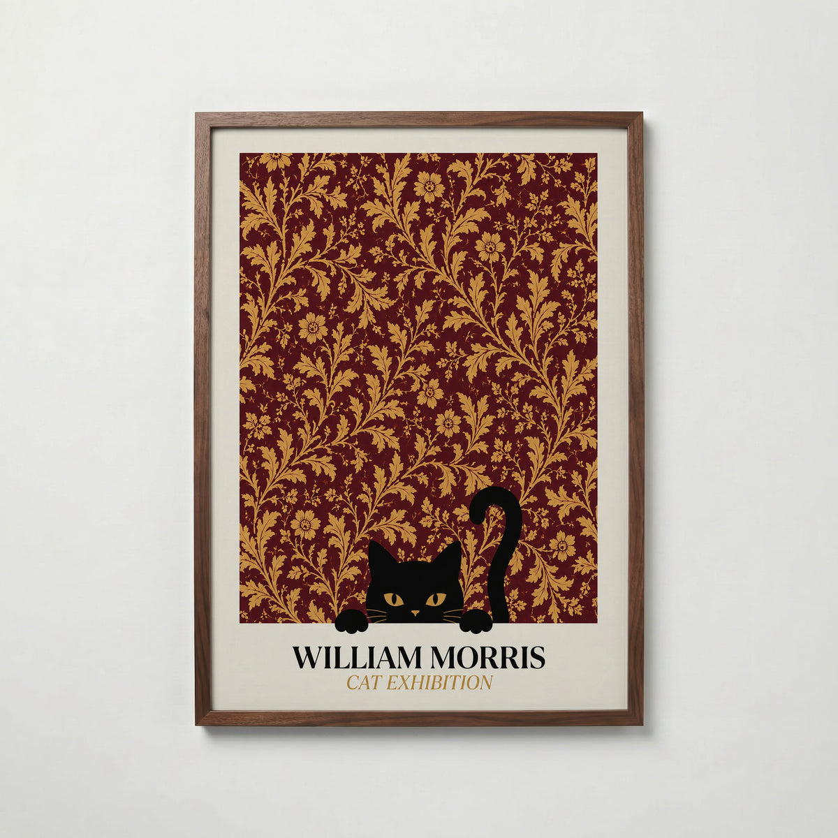 Cat in the Acanthus William Morris Poster – svart katt gömd bland William Morris akantusblad i burgundy och guld