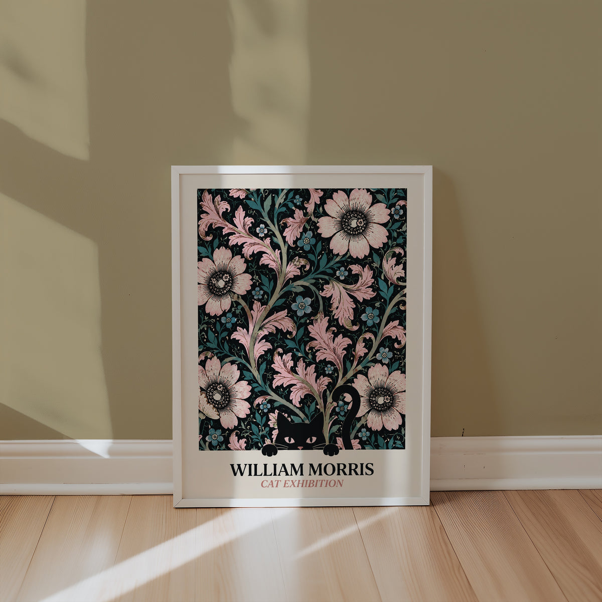 Cat in the Anemone William Morris Poster – svart katt bland William Morris anemonemönster i svart och rosa