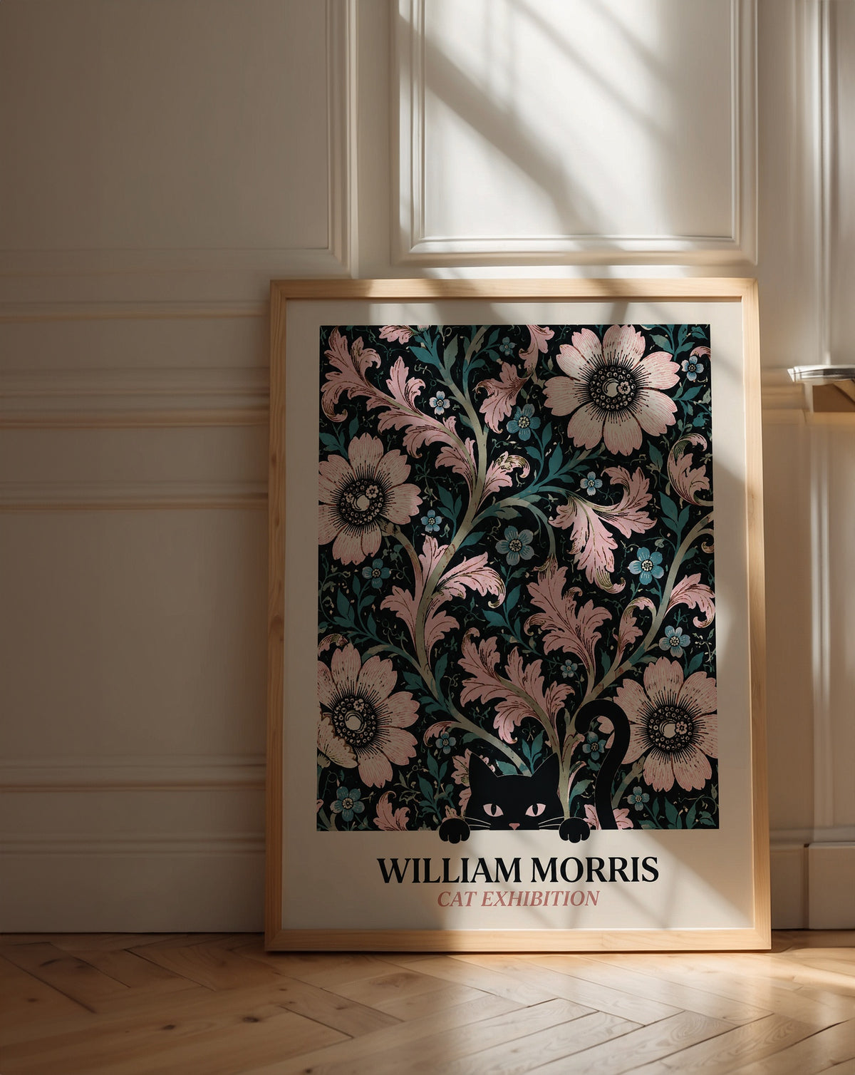 Cat in the Anemone William Morris Poster – svart katt bland William Morris anemonemönster i svart och rosa