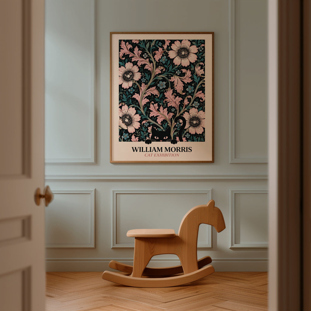 Cat in the Anemone William Morris Poster – svart katt bland William Morris anemonemönster i svart och rosa