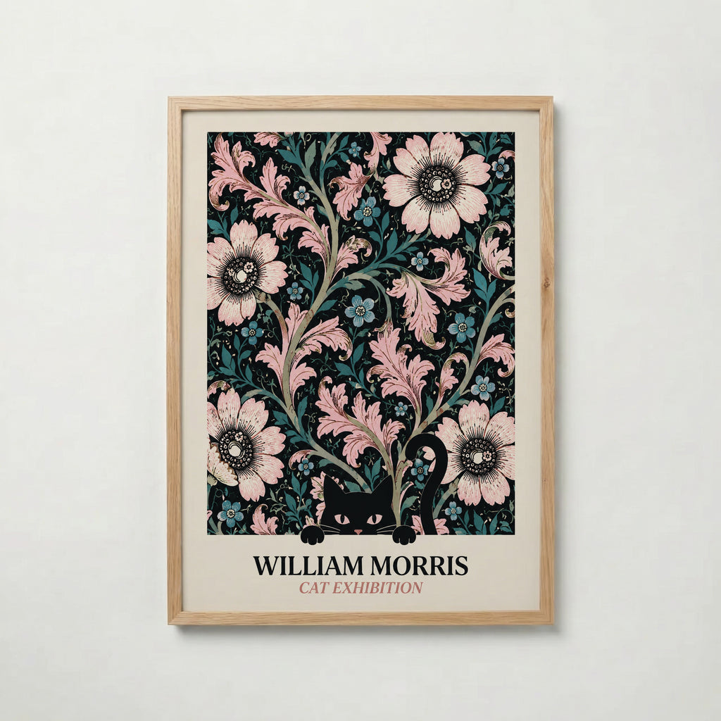 Cat in the Anemone William Morris Poster – svart katt bland William Morris anemonemönster i svart och rosa