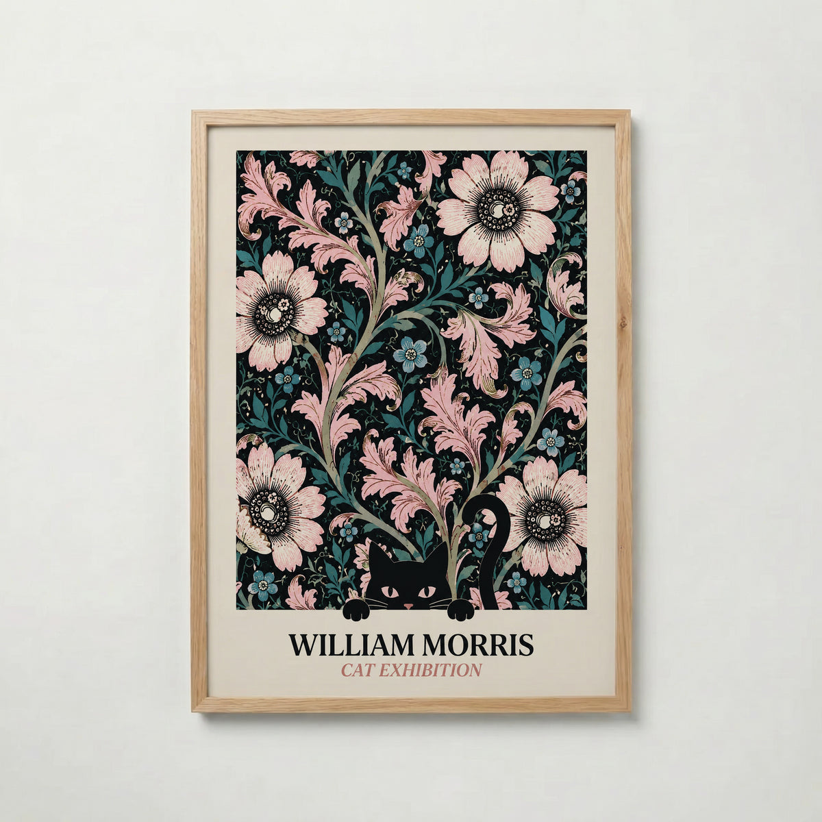 Cat in the Anemone William Morris Poster – svart katt bland William Morris anemonemönster i svart och rosa