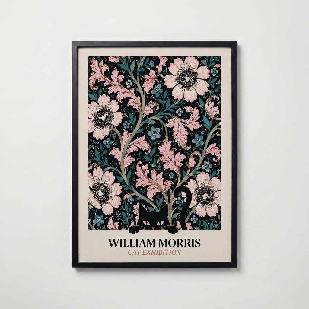 Cat in the Anemone William Morris Poster – svart katt bland William Morris anemonemönster i svart och rosa
