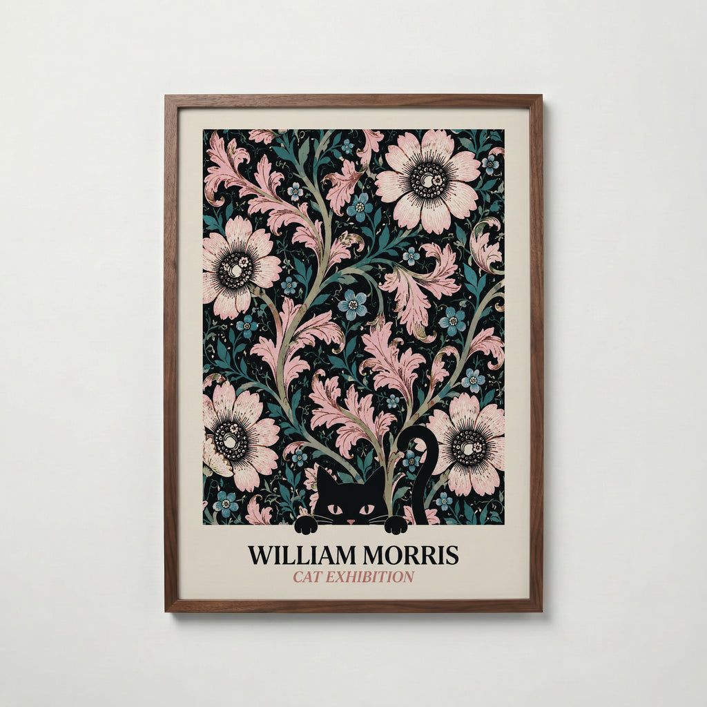 Cat in the Anemone William Morris Poster – svart katt bland William Morris anemonemönster i svart och rosa