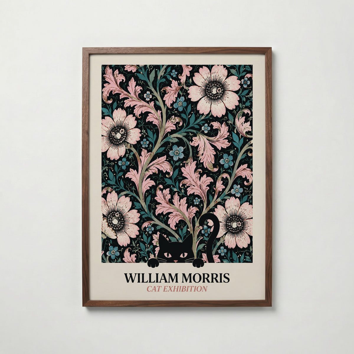 Cat in the Anemone William Morris Poster – svart katt bland William Morris anemonemönster i svart och rosa