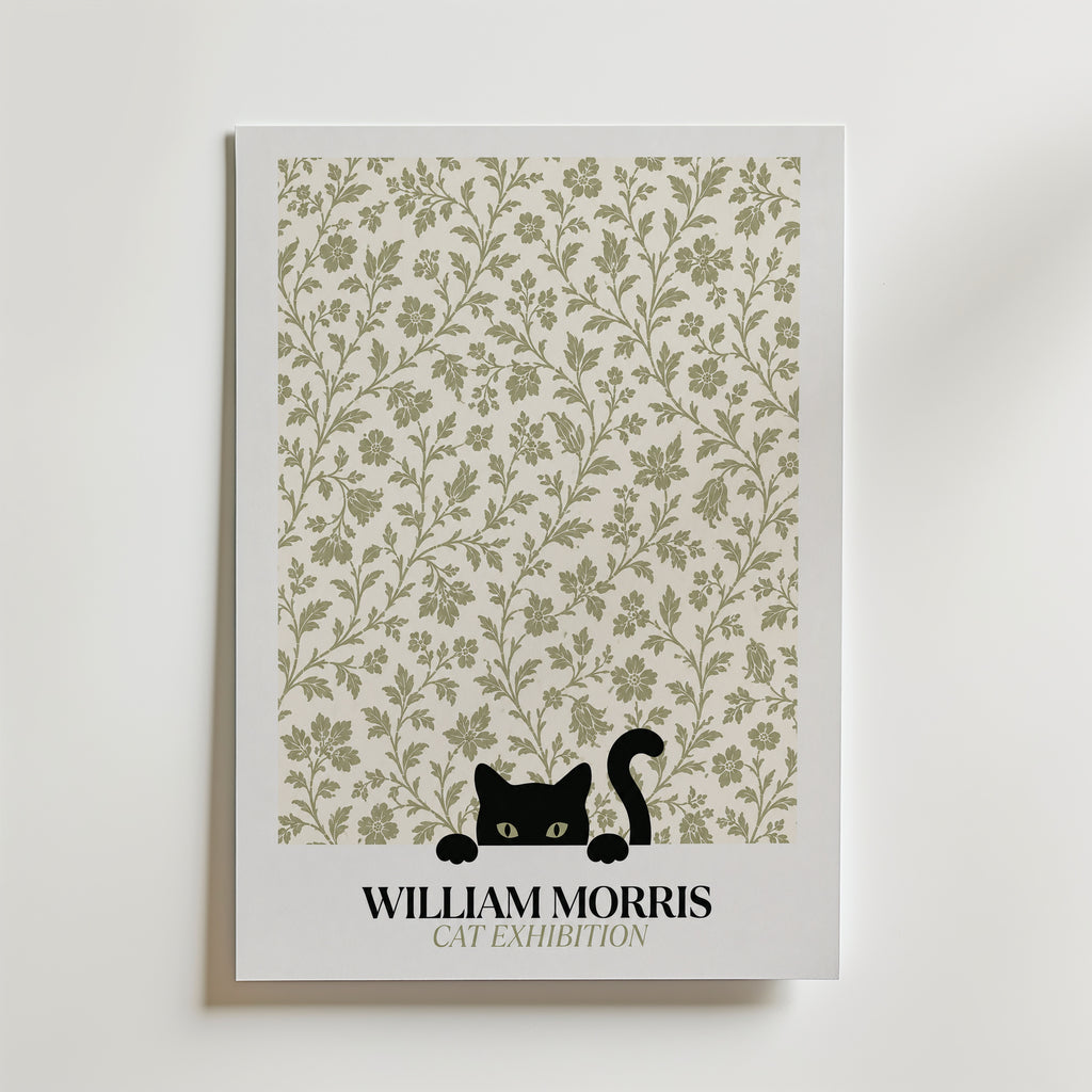 Cat in the Bramble William Morris Poster – svart katt bland William Morris björnbärsmönster i salviagrön