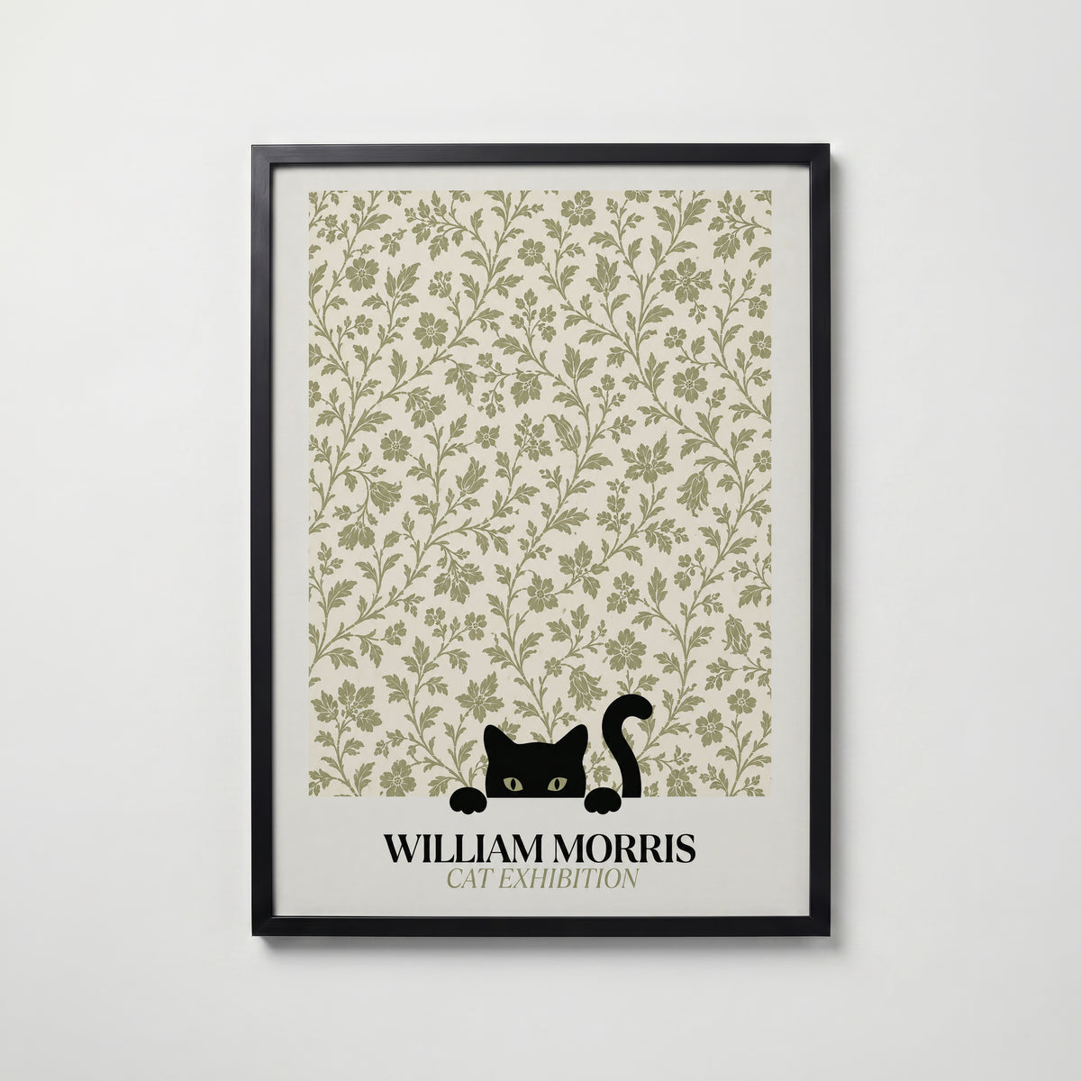 Cat in the Bramble William Morris Poster – svart katt bland William Morris björnbärsmönster i salviagrön