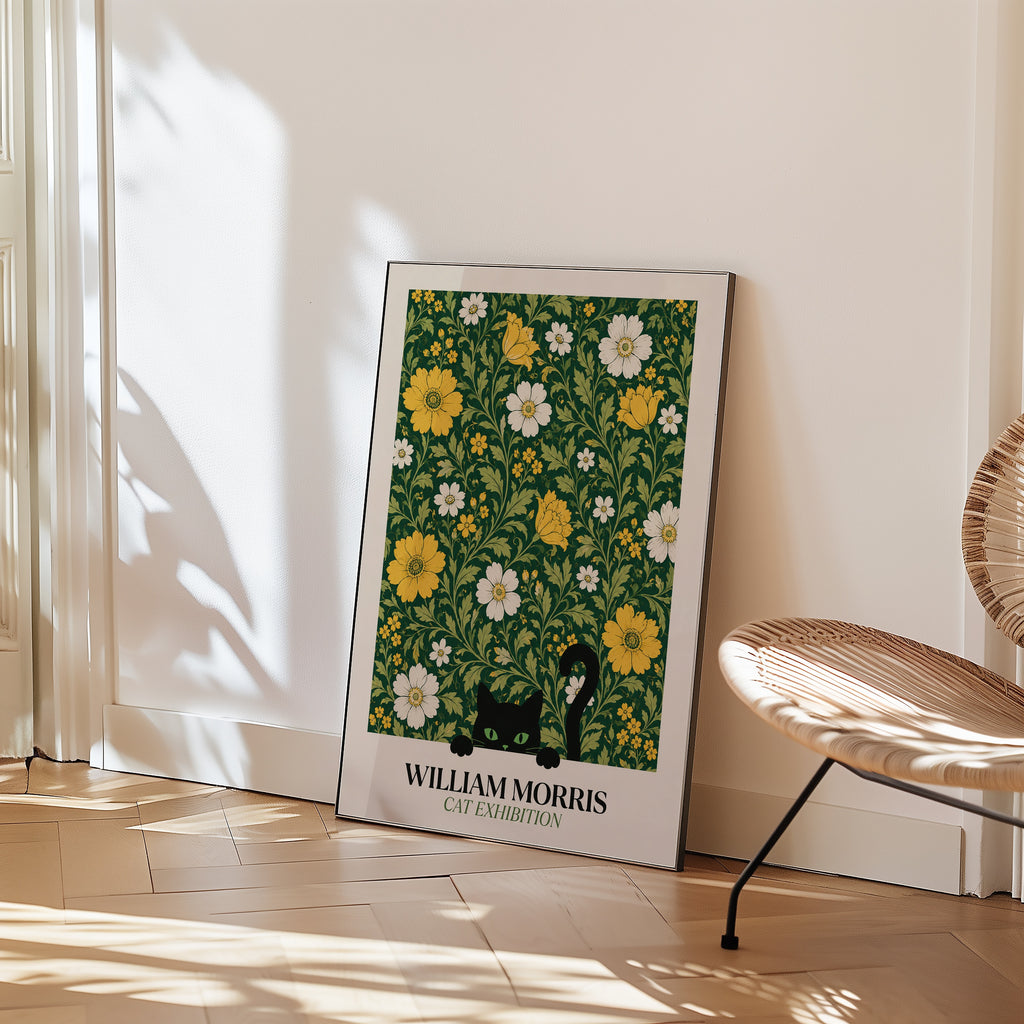 Cat in the Golden Garden William Morris Poster – svart katt i William Morris gyllene trädgård på mörkgrön botten