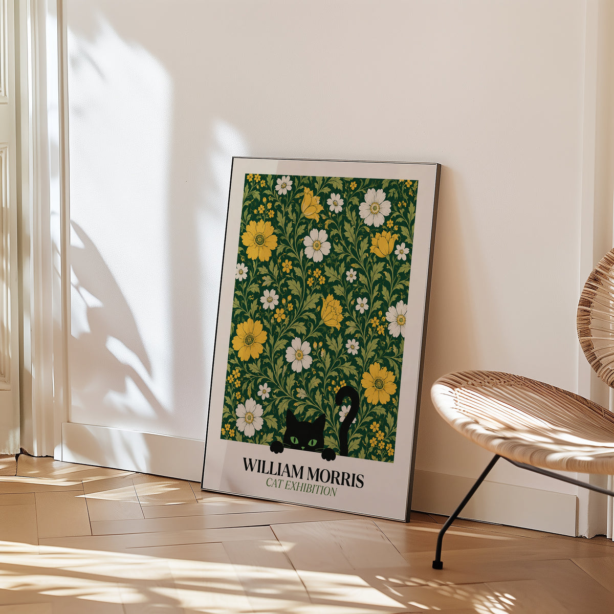 Cat in the Golden Garden William Morris Poster – svart katt i William Morris gyllene trädgård på mörkgrön botten