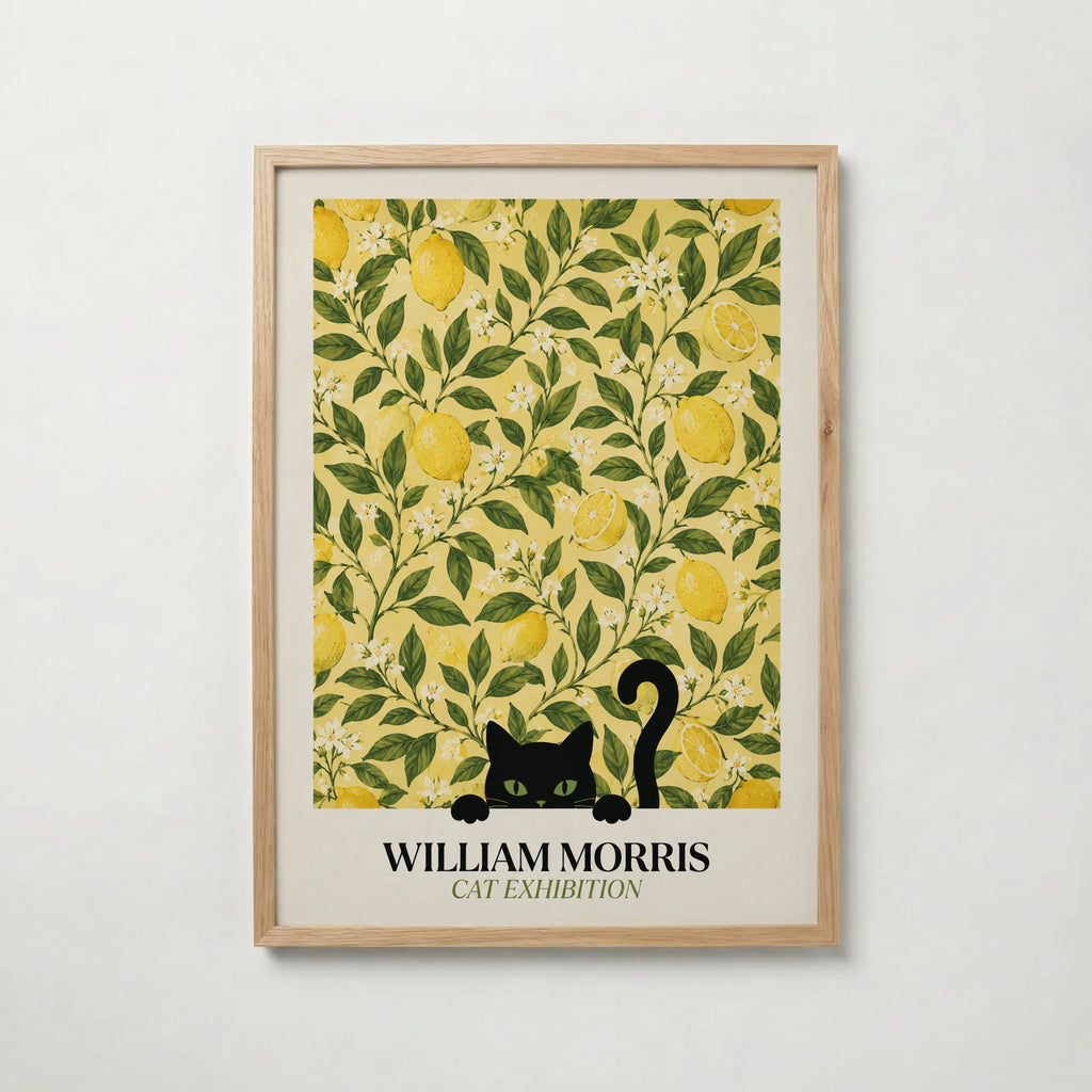 Cat in the Lemon Grove William Morris Poster – svart katt bland William Morris citronträdsmönster i gult