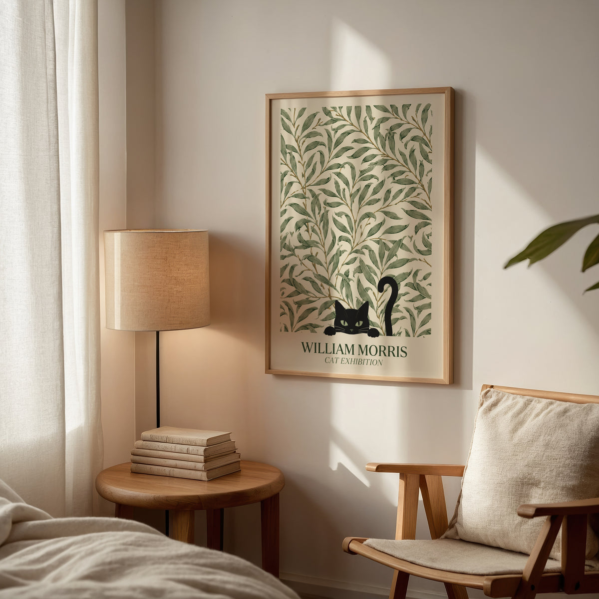 Cat in the Willow Bough William Morris Poster – svart katt i William Morris pilkvistmönster i kräm och grönt