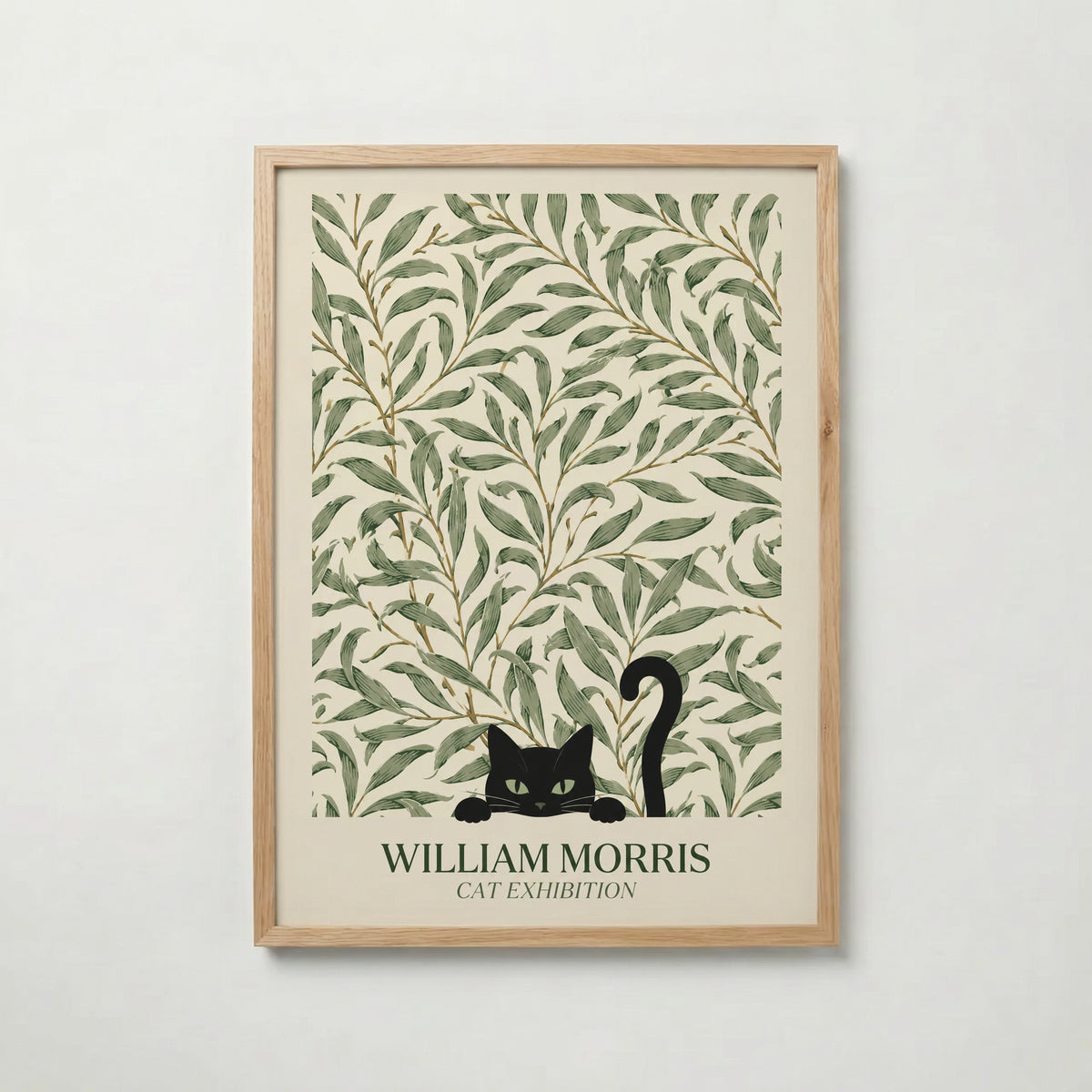 Cat in the Willow Bough William Morris Poster – svart katt i William Morris pilkvistmönster i kräm och grönt