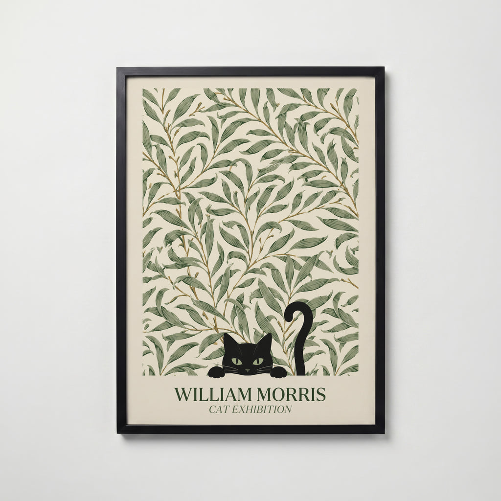 Cat in the Willow Bough William Morris Poster – svart katt i William Morris pilkvistmönster i kräm och grönt