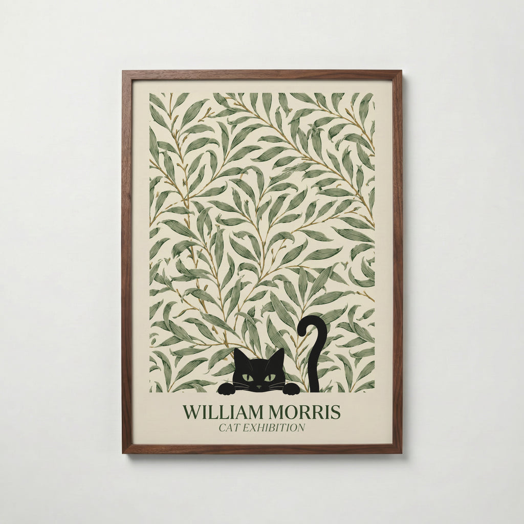 Cat in the Willow Bough William Morris Poster – svart katt i William Morris pilkvistmönster i kräm och grönt
