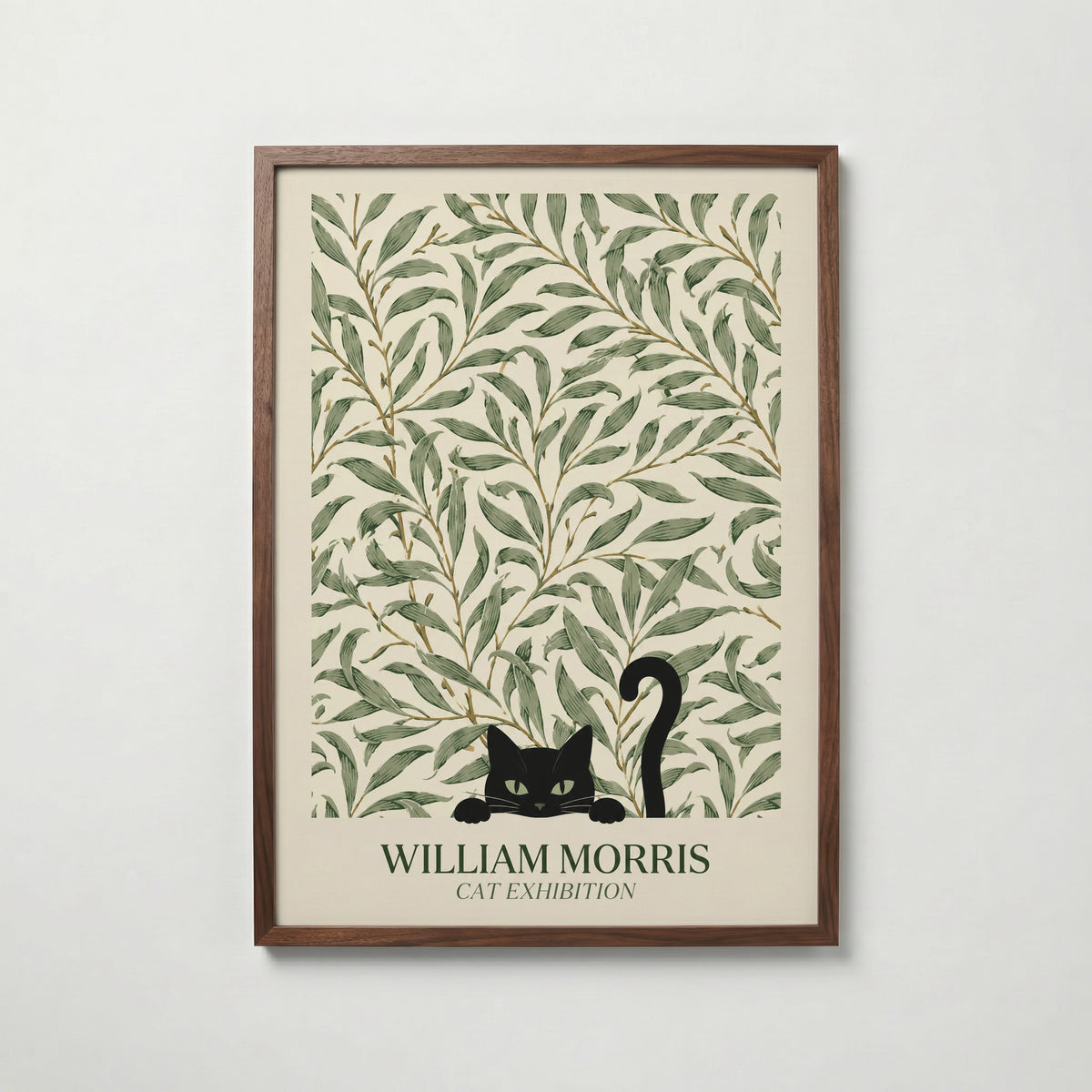 Cat in the Willow Bough William Morris Poster – svart katt i William Morris pilkvistmönster i kräm och grönt