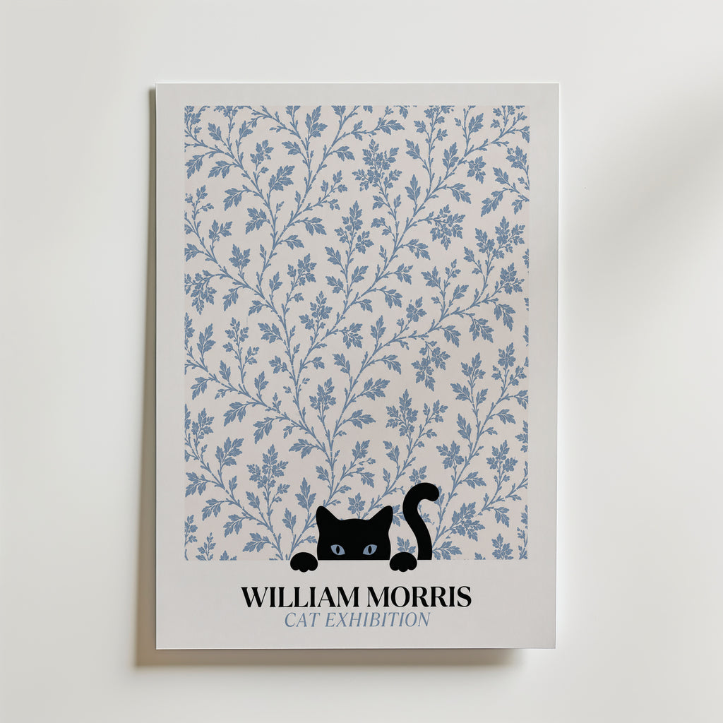 Cat in the Willow William Morris Poster – svart katt i William Morris minimalistiska pilmönster i blågrått