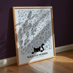 Cat in the Willow William Morris Poster – svart katt i William Morris minimalistiska pilmönster i blågrått
