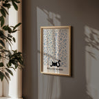 Cat in the Willow William Morris Poster – svart katt i William Morris minimalistiska pilmönster i blågrått
