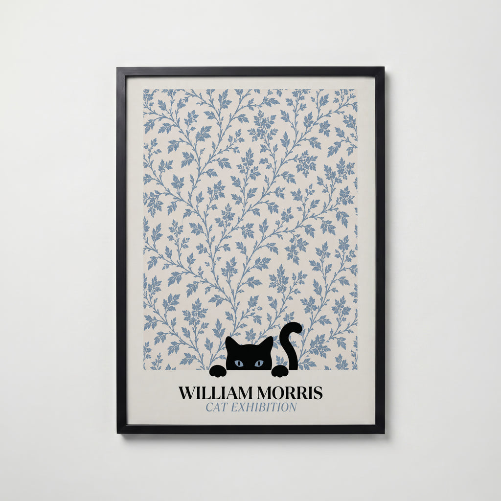 Cat in the Willow William Morris Poster – svart katt i William Morris minimalistiska pilmönster i blågrått