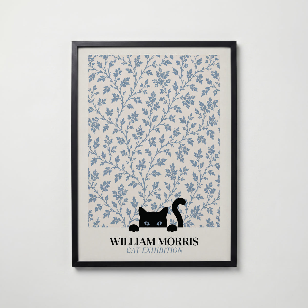 Cat in the Willow William Morris Poster – svart katt i William Morris minimalistiska pilmönster i blågrått