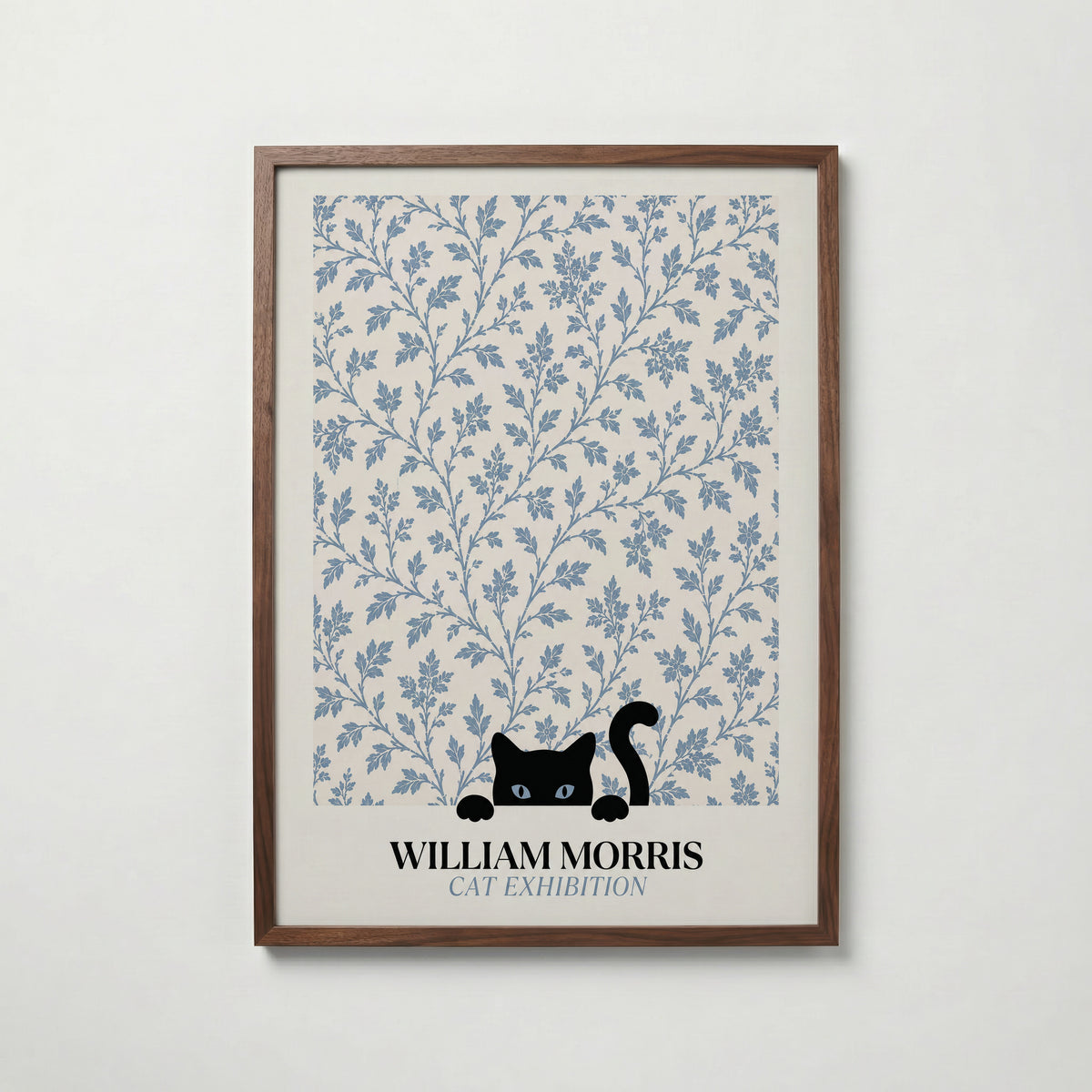 Cat in the Willow William Morris Poster – svart katt i William Morris minimalistiska pilmönster i blågrått