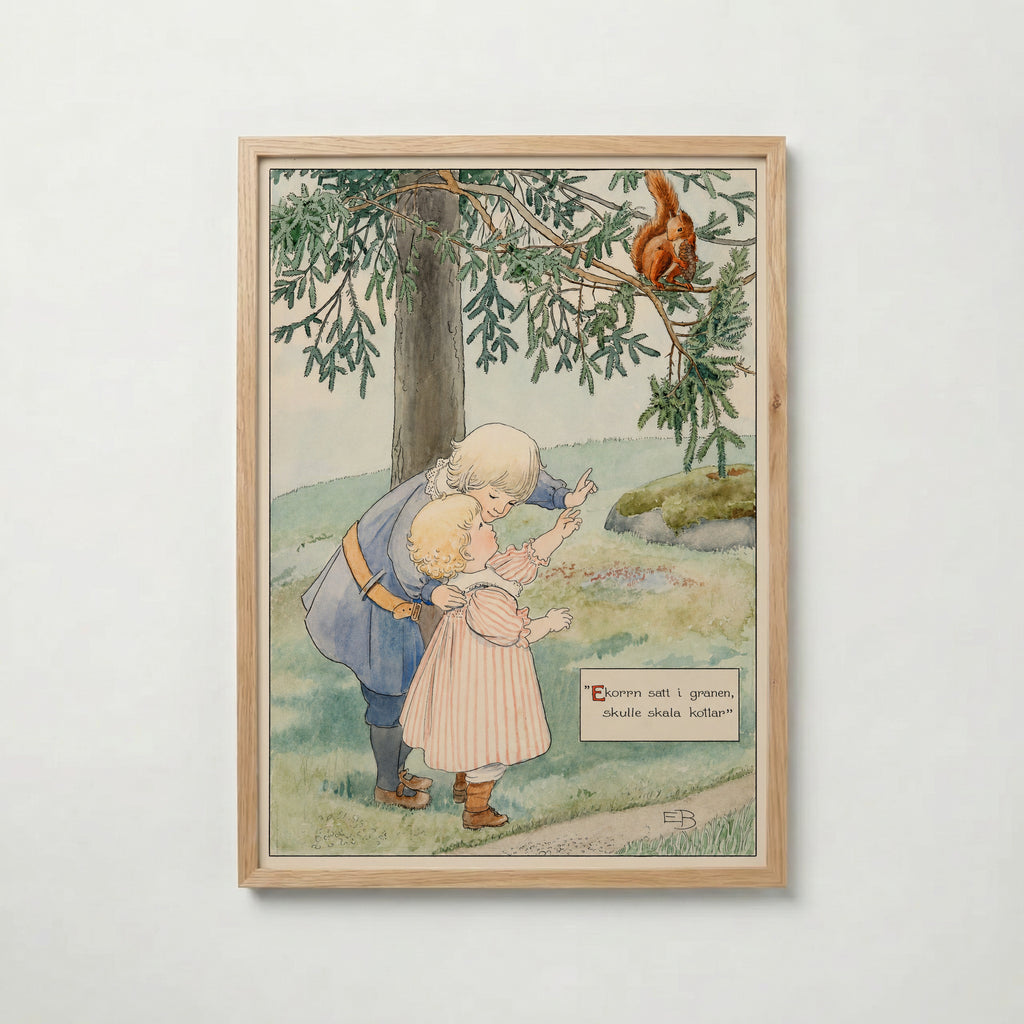Elsa Beskow Ekorren i Granen affisch i ljus ekram med naturligt träutseende – Bozetto