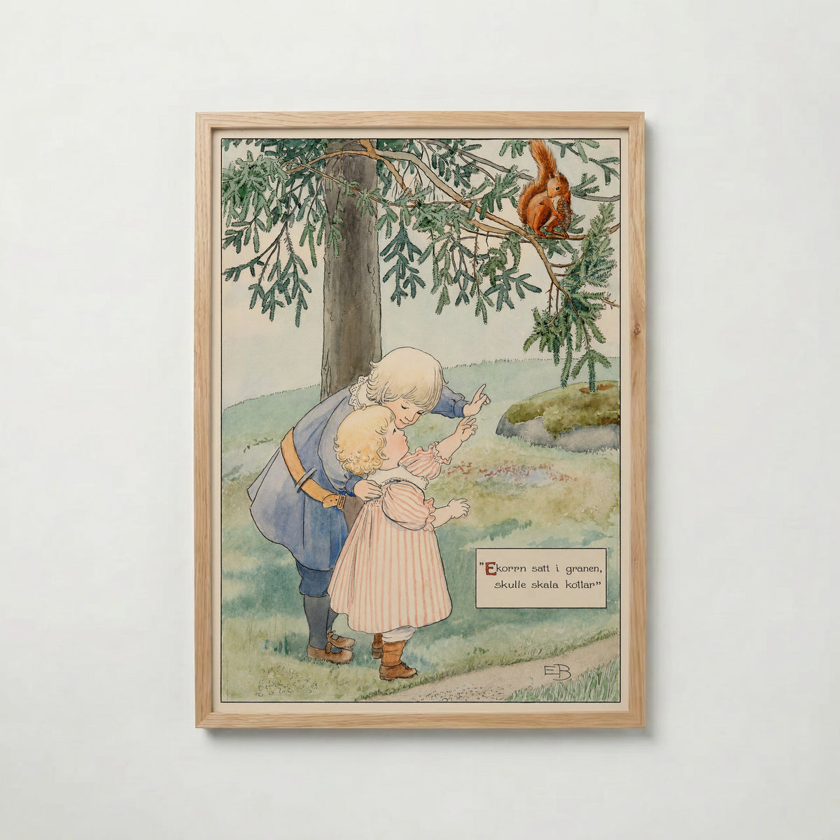 Elsa Beskow Ekorren i Granen affisch i ljus ekram med naturligt träutseende – Bozetto