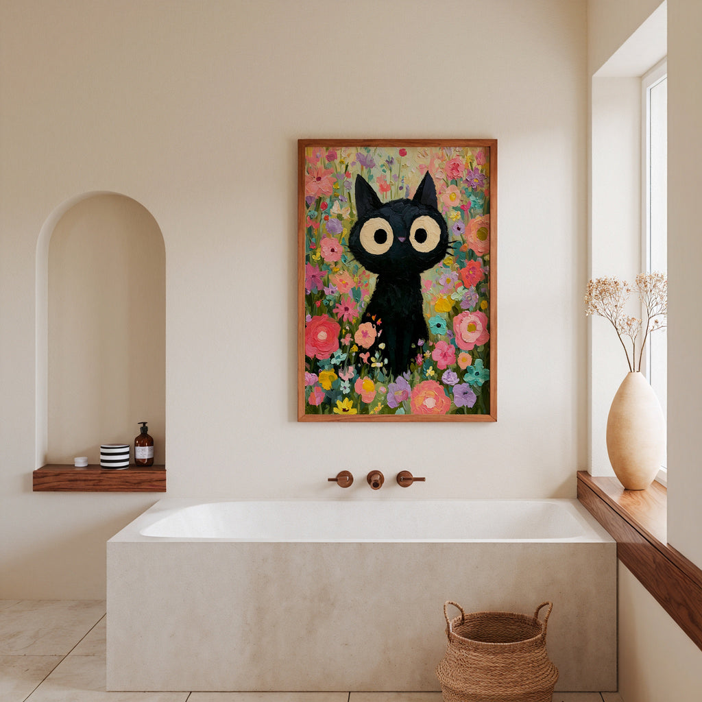 Colorful Cat in Bloom Poster – svart katt i färgsprakande blomhav på vägg i inrett rum, fri frakt över 499 kr