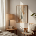 Golden Abstract Flow affisch i ljust minimalistiskt vardagsrum – köp enkelt hos Bozetto