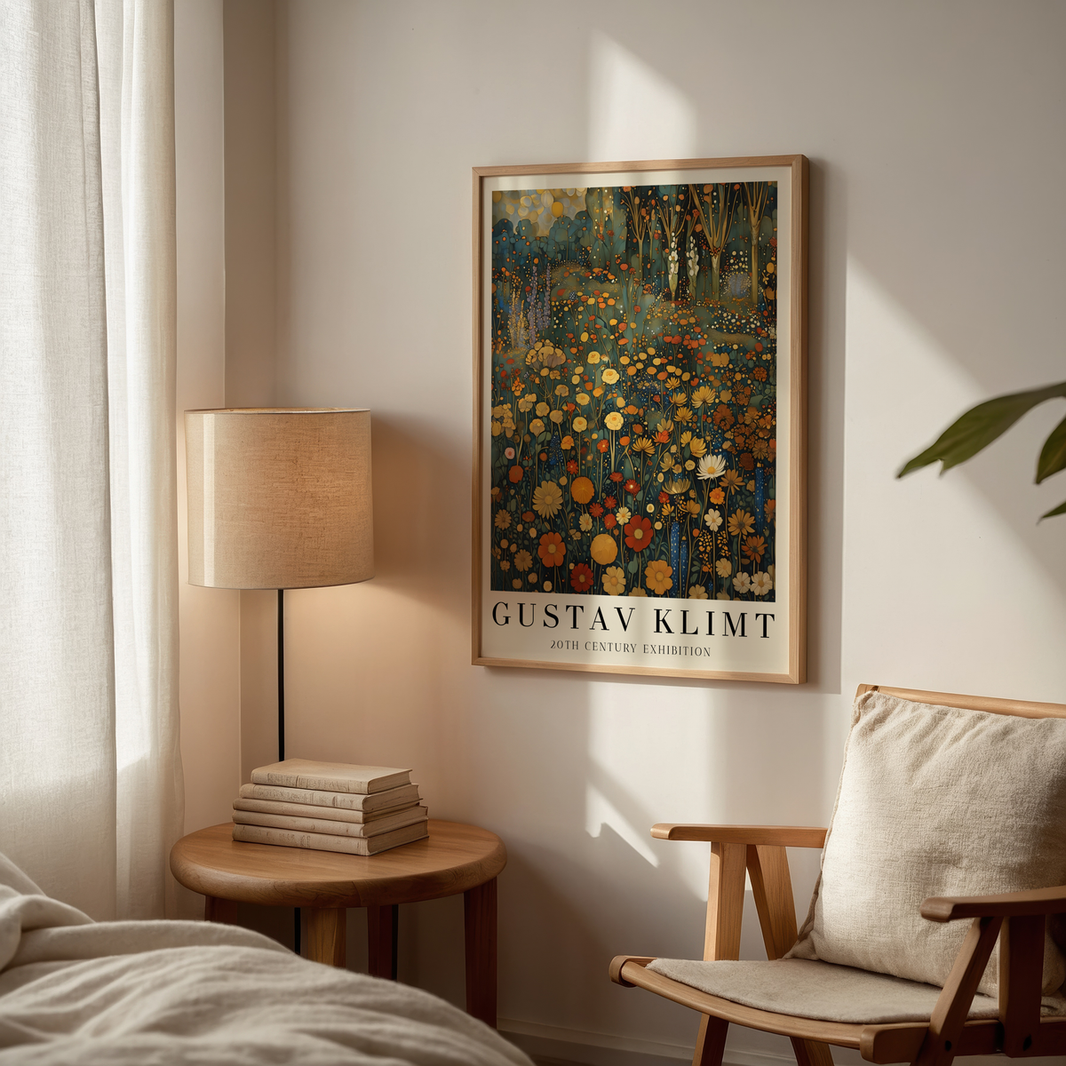 Gustav Klimt Golden Meadow affisch i ljust minimalistiskt vardagsrum – köp enkelt hos Bozetto