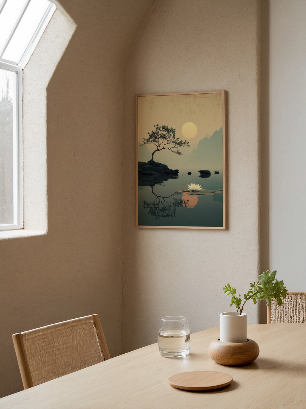Mockup av Golden Stillness Lake affisch på vägg – köp enkelt hos Bozetto i hög kvalitet