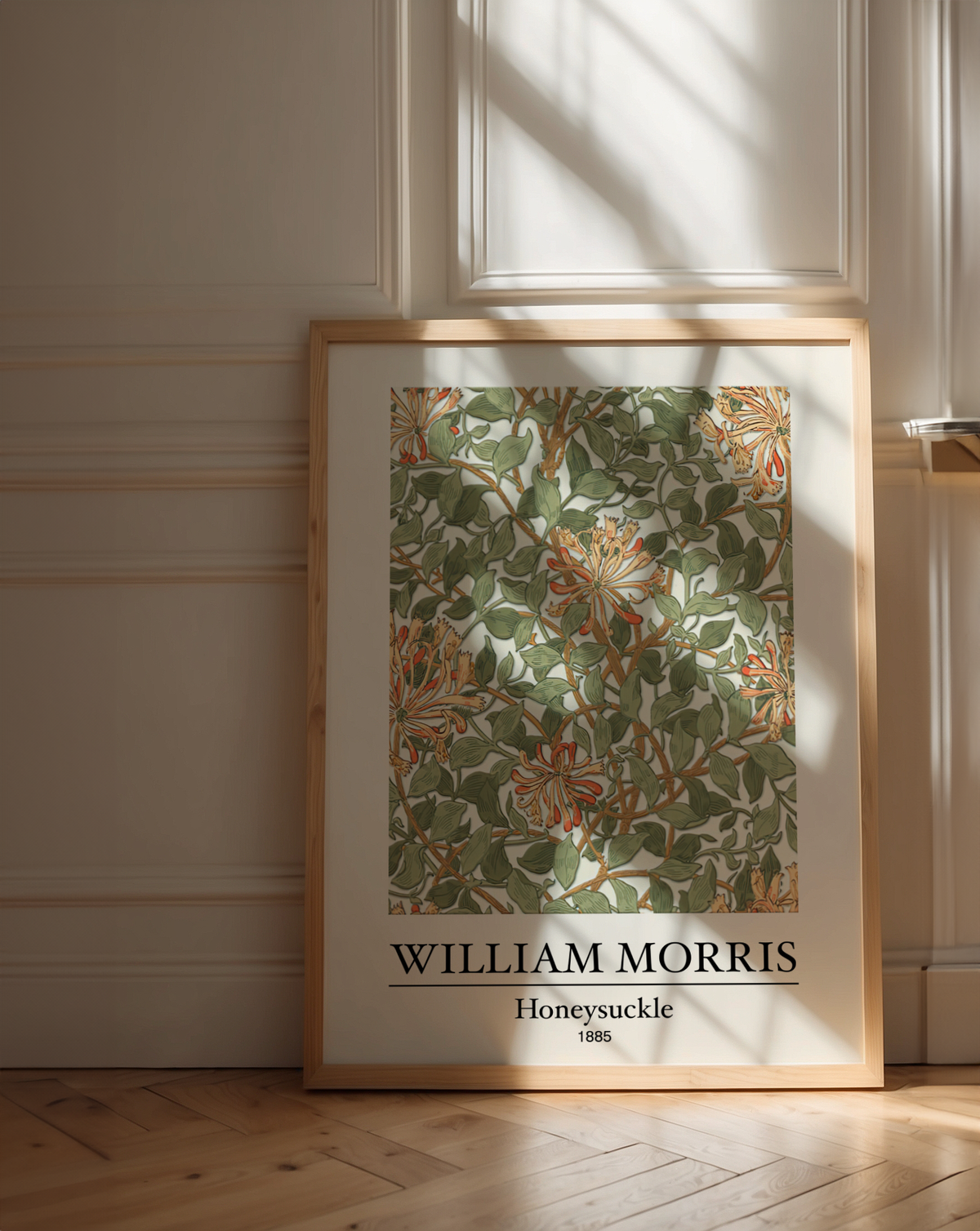 Mockup av William Morris Honeysuckle affisch på vägg – köp enkelt hos Bozetto i hög kvalitet