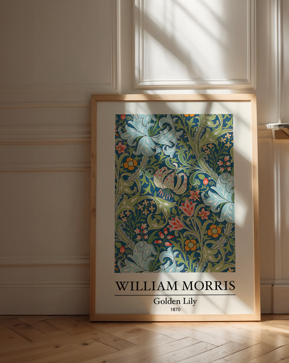 Mockup av William Morris Golden Lily affisch på vägg – köp enkelt hos Bozetto i hög kvalitet