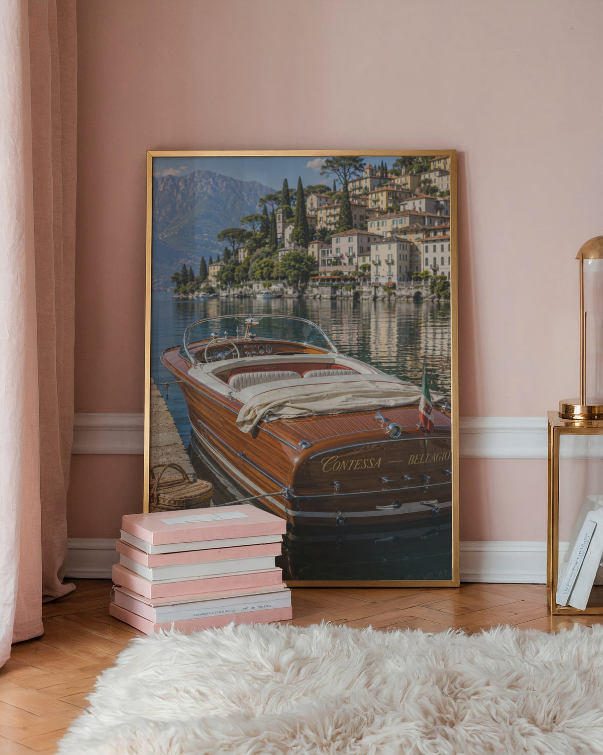 Marco Ricci Contessa at Bellagio Poster – klassisk ångbåt vid stranden i Bellagio vid Comosjön