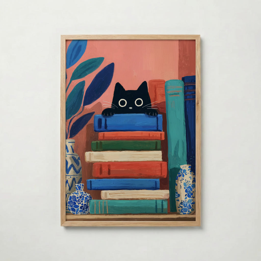 Curious Book Cat poster visad rakt fram – Bozetto affisch i hög tryckkvalitet i hög tryckkvalitet