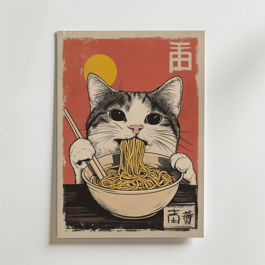 Cat Eats Noodle – stilfullt konsttryck från Bozetto, tryckt på matt finpapper i hög tryckkvalitet