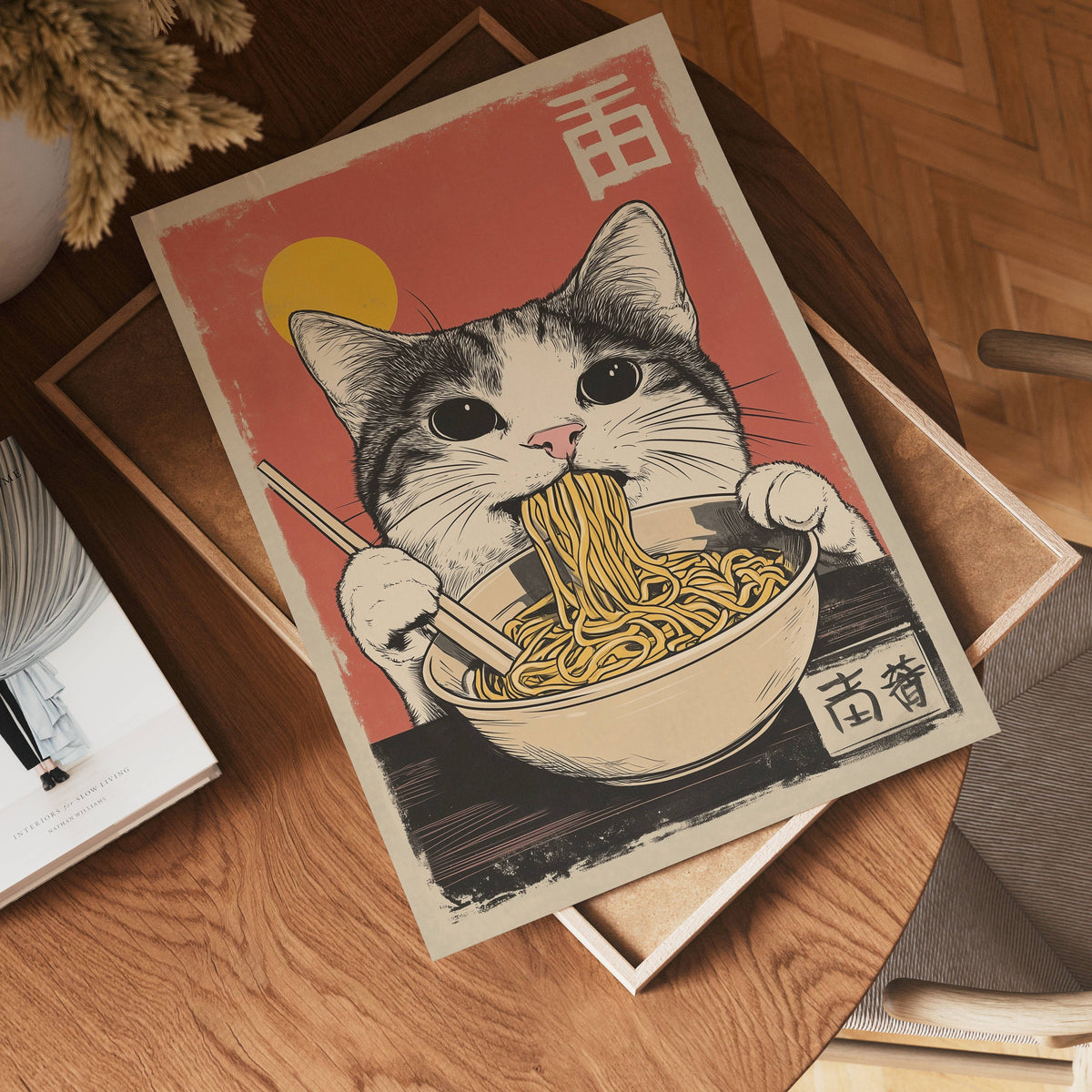 Cat Eats Noodle poster visad rakt fram – Bozetto affisch i hög tryckkvalitet i hög tryckkvalitet