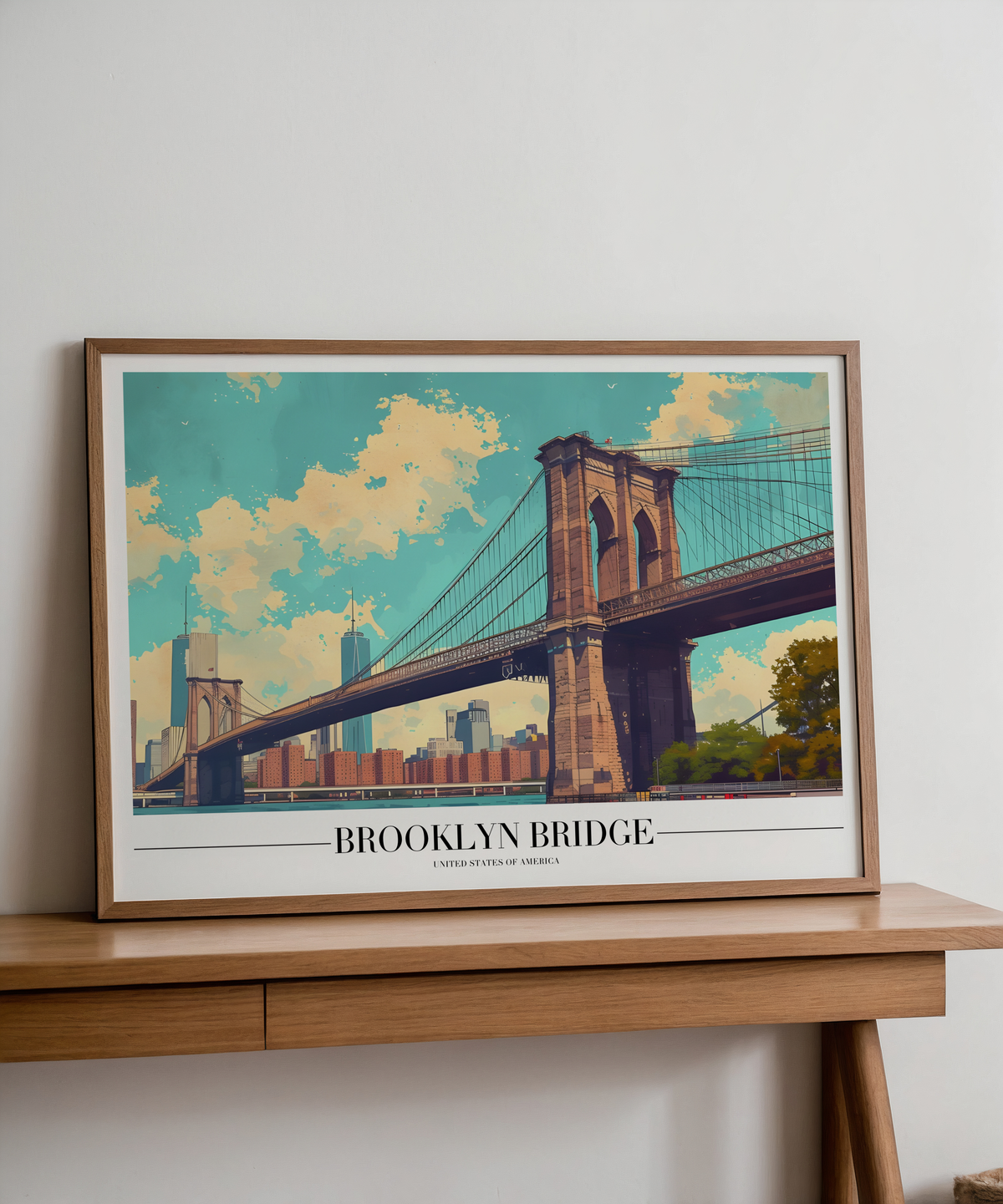 Mockup av Brooklyn Bridge affisch på vägg – köp enkelt hos Bozetto i hög kvalitet