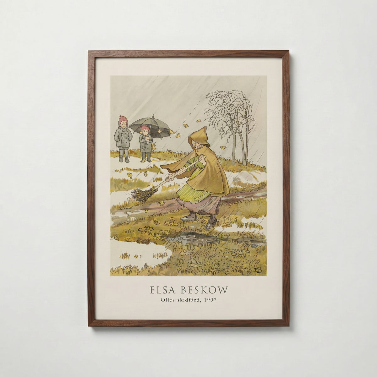 Elsa Beskow Olles Skidfärd 1907 affisch i valnötsram – mörkbrun inramning med lyxig känsla, Bozetto