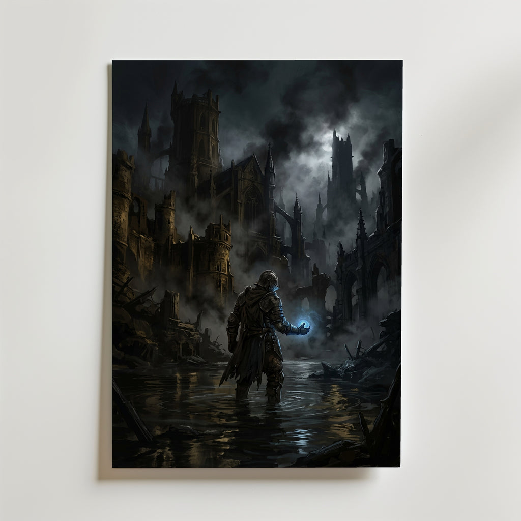 Ember Citadel Poster – fantasykrigare med glödande orb i mörk ruinstad