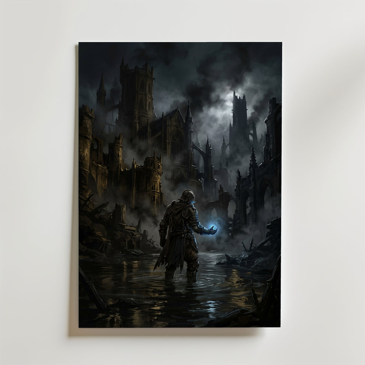 Ember Citadel Poster – fantasykrigare med glödande orb i mörk ruinstad