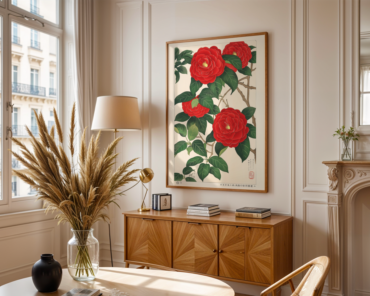Väggmockup av Japan Red Flower affisch på ljus tegelvägg – Bozetto konsttryck i hög tryckkvalitet