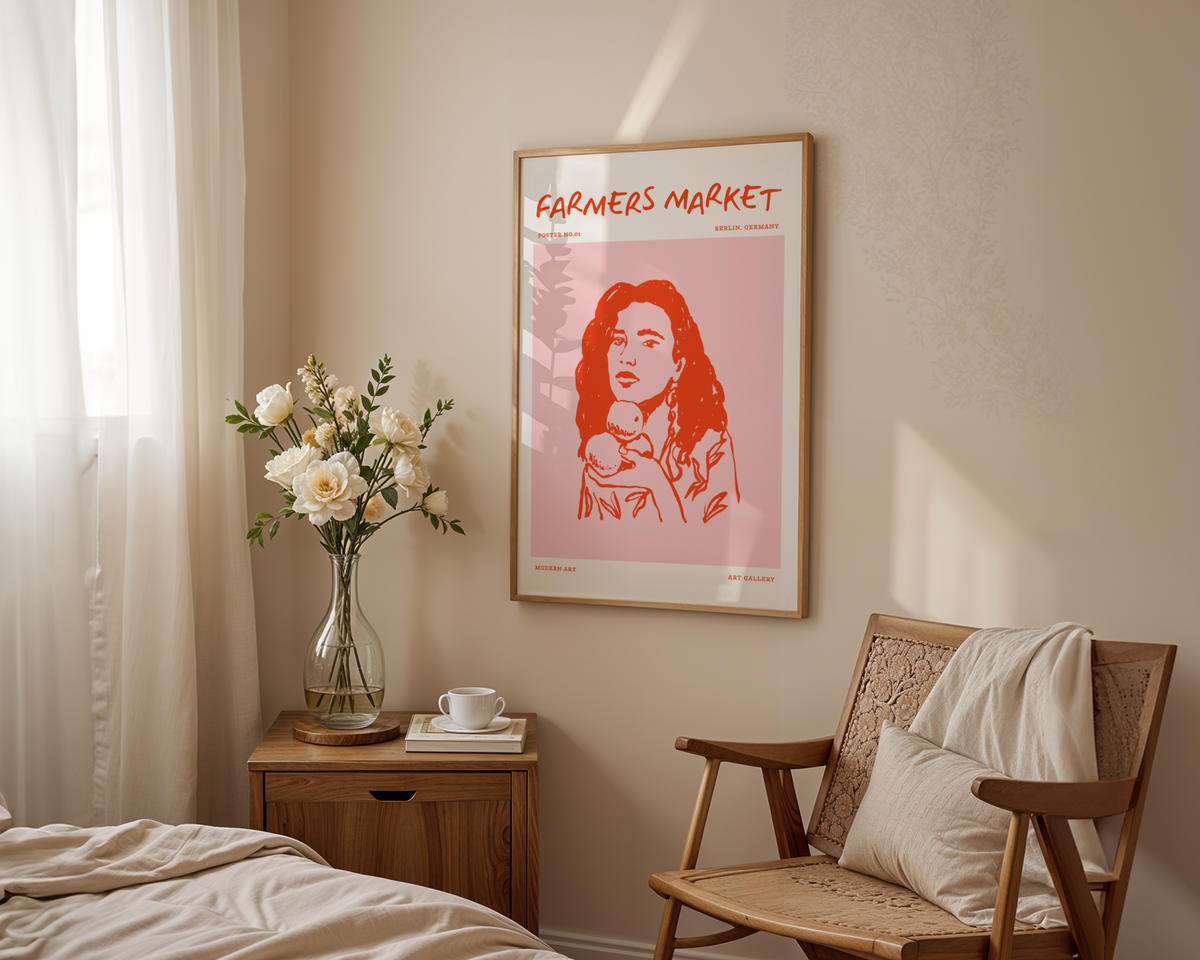 Väggmockup av Peachy Mood affisch på ljus tegelvägg – Bozetto konsttryck i hög tryckkvalitet