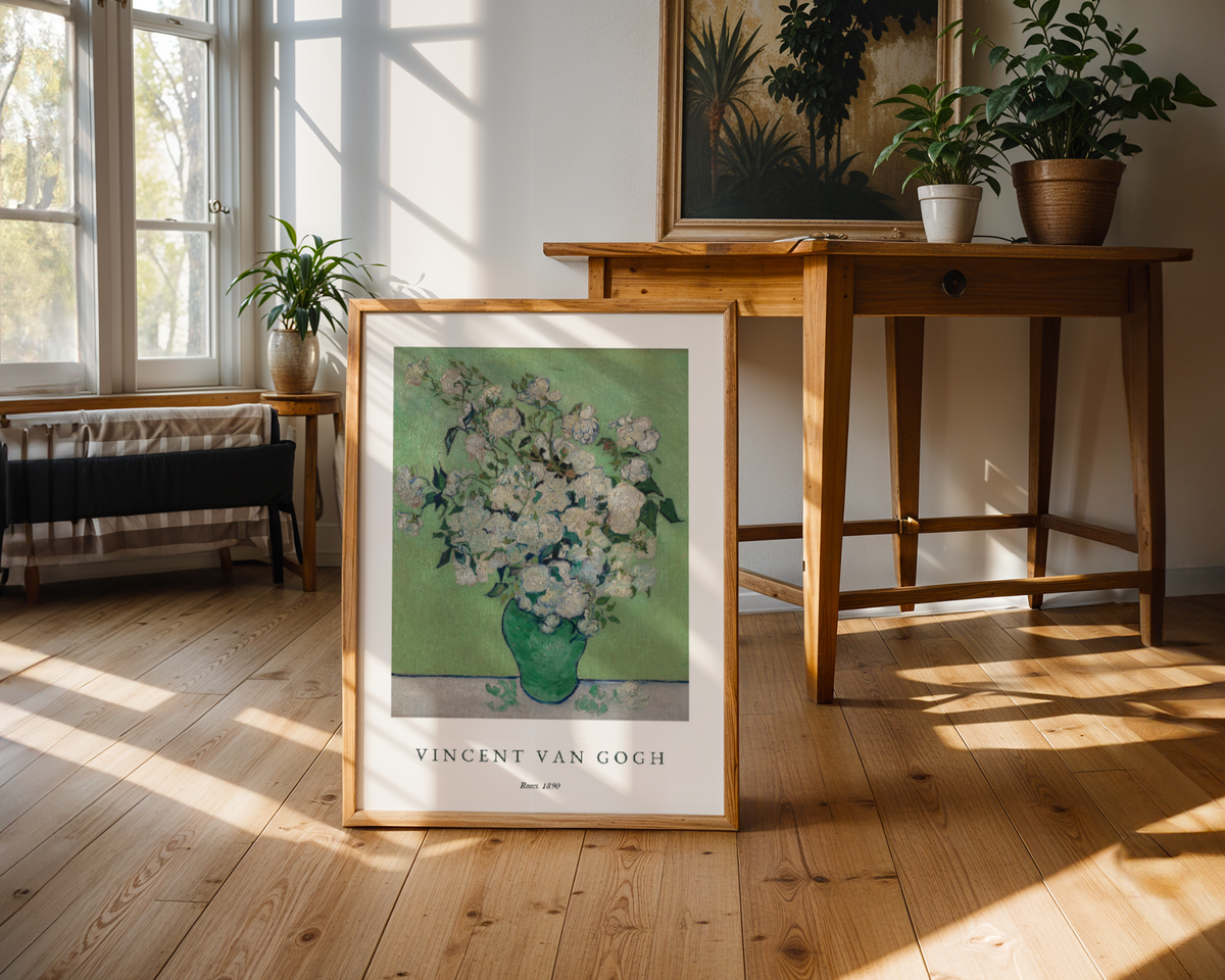 Mockup av Van Gogh Roses affisch på vägg – köp enkelt hos Bozetto i hög kvalitet