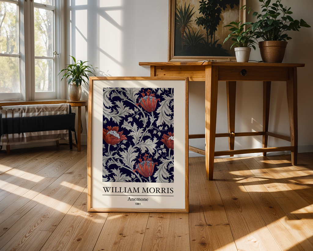 Mockup av William Morris Anemone affisch på vägg – köp enkelt hos Bozetto i hög kvalitet
