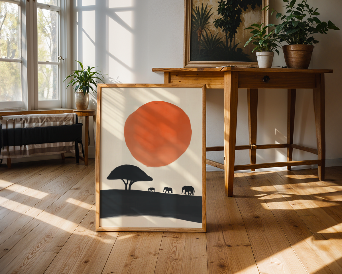 Mockup av Savanna Silence affisch på vägg – köp enkelt hos Bozetto i hög kvalitet