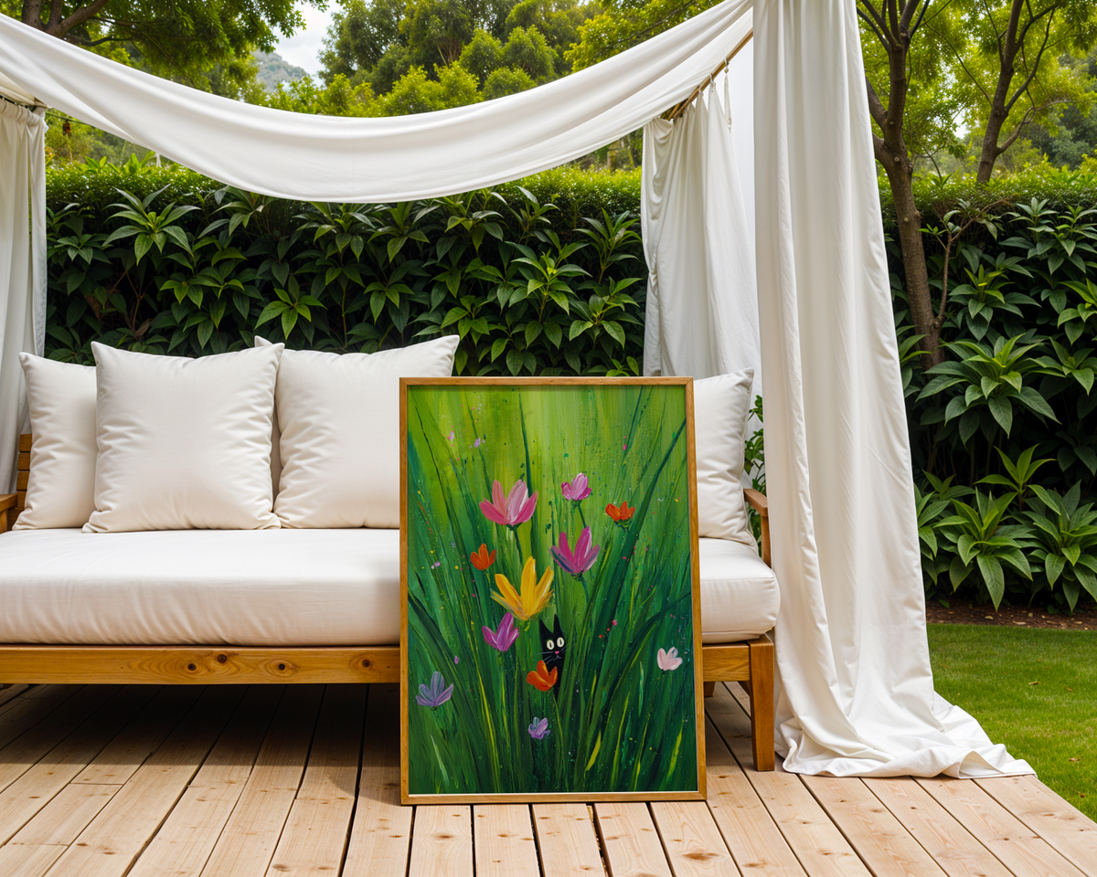 Mockup av Hidden Garden Cat affisch på vägg – köp enkelt hos Bozetto i hög kvalitet