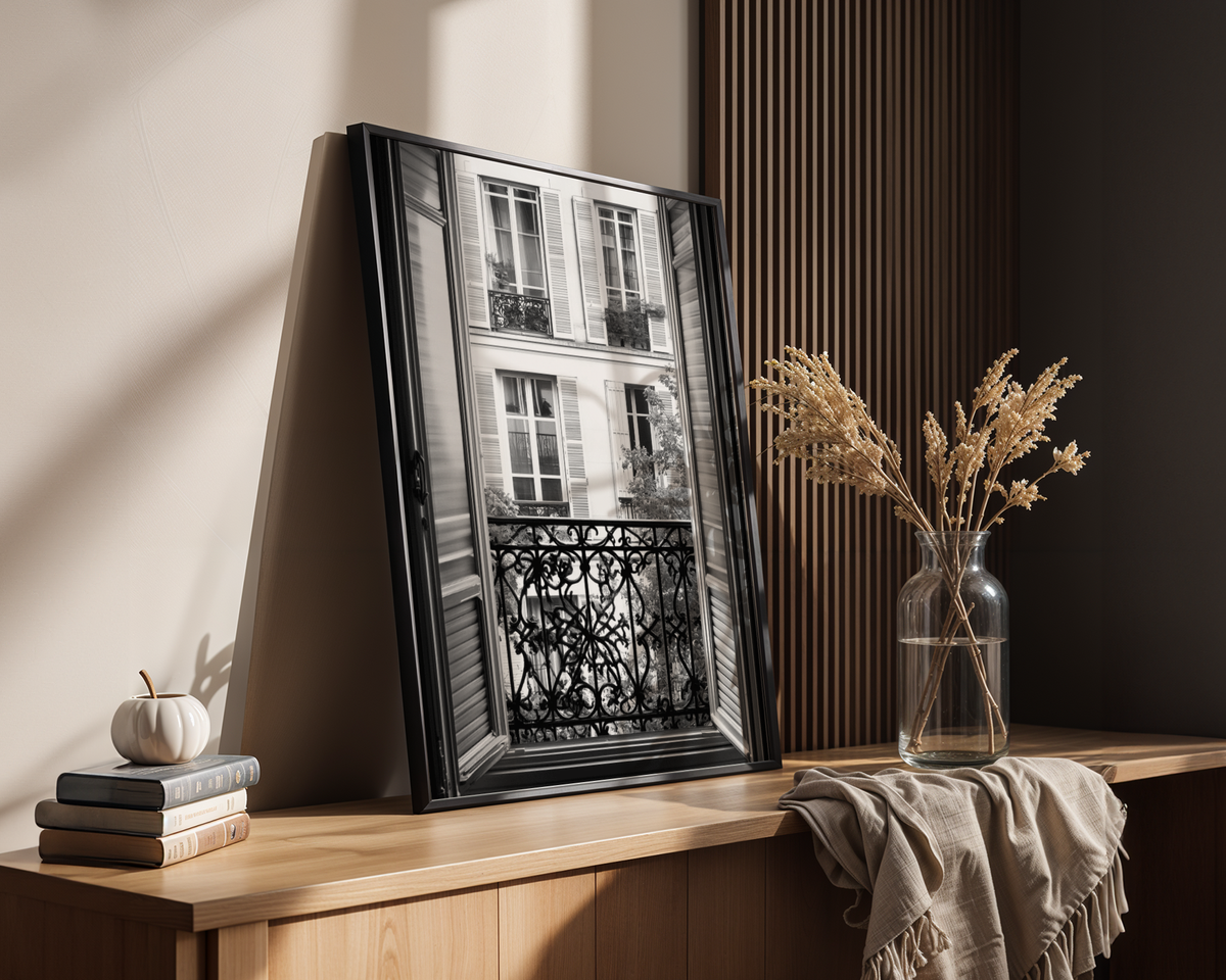 Mockup av Vintage Paris Balcony affisch på vägg – köp enkelt hos Bozetto i hög kvalitet